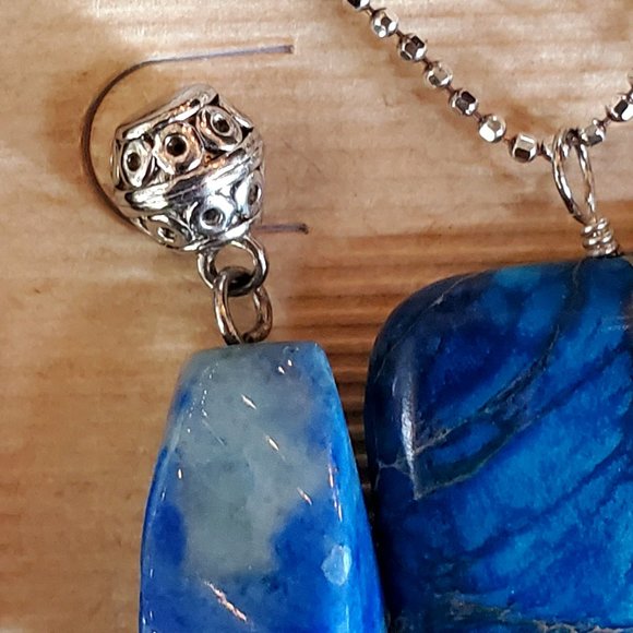Natural Blue Jasper Stone Sterling Silver Dangle Necklace and Earrings Set - Picture 3 of 6